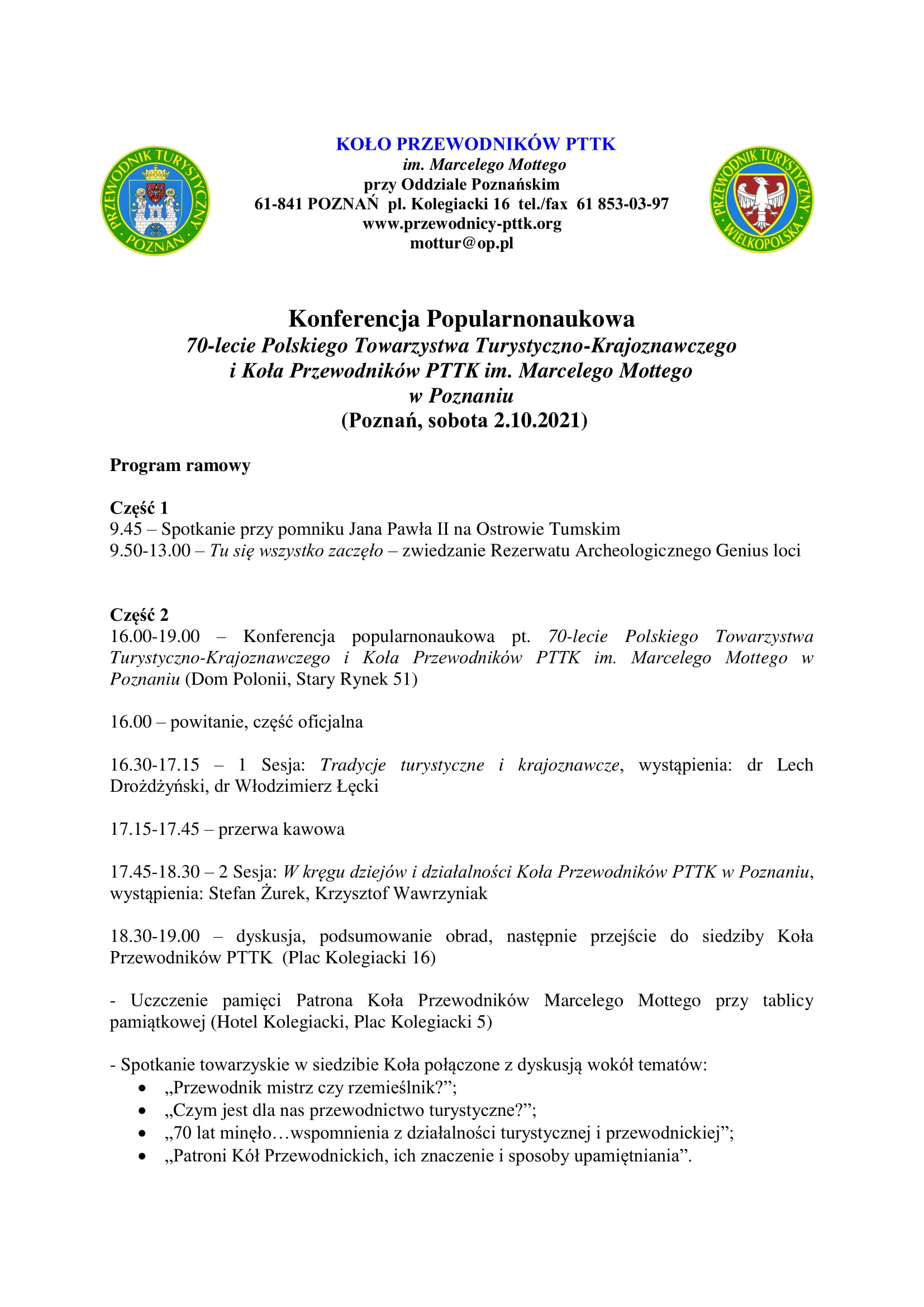 70-lecie Polskiego Towarzystwa Turystyczno-Krajoznawczego i Koła Przewodników PTTK im. Marcelego Mottego w Poznaniu